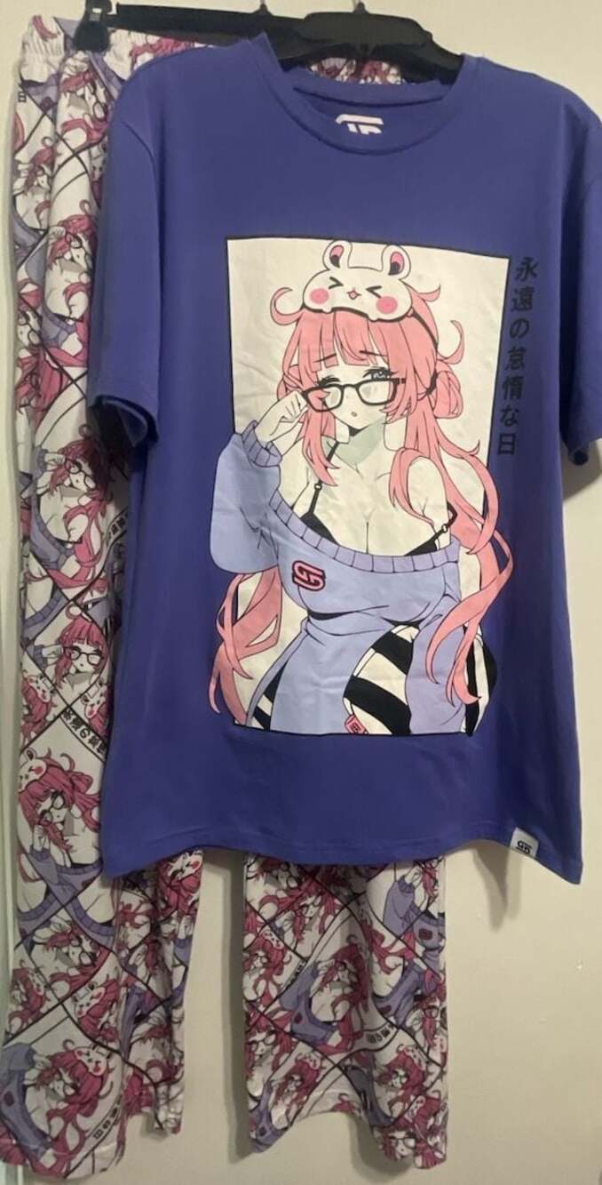 Gamer Supps Anime Waifu Pajama Set - Purple T-Shirt And Patterned Lounge Pants